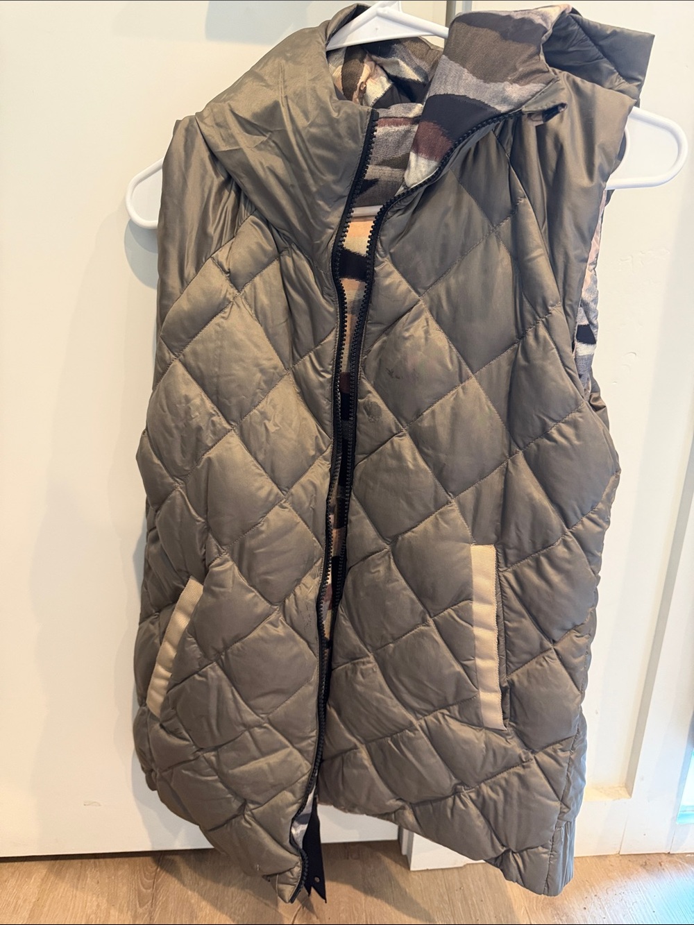 lululemon athletica Quilted Hooded Vest in Olive Green with Cream Trim